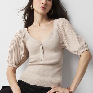 White House Black Market Pleated Puff-Sleeve Henley Top in Light Beige
